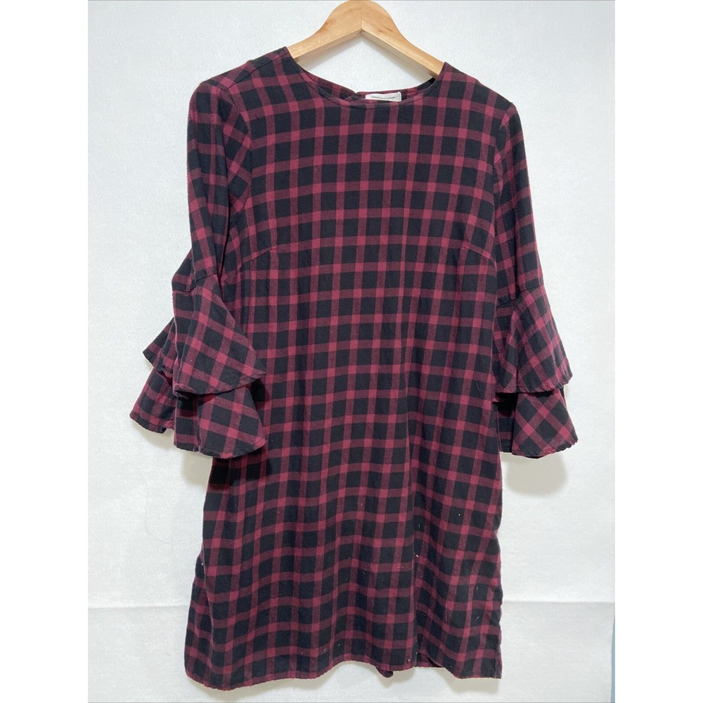 beachlunchlounge Buffalo Plaid Flannel Ruffle Sleeve Country Chic Shift Dress M‎